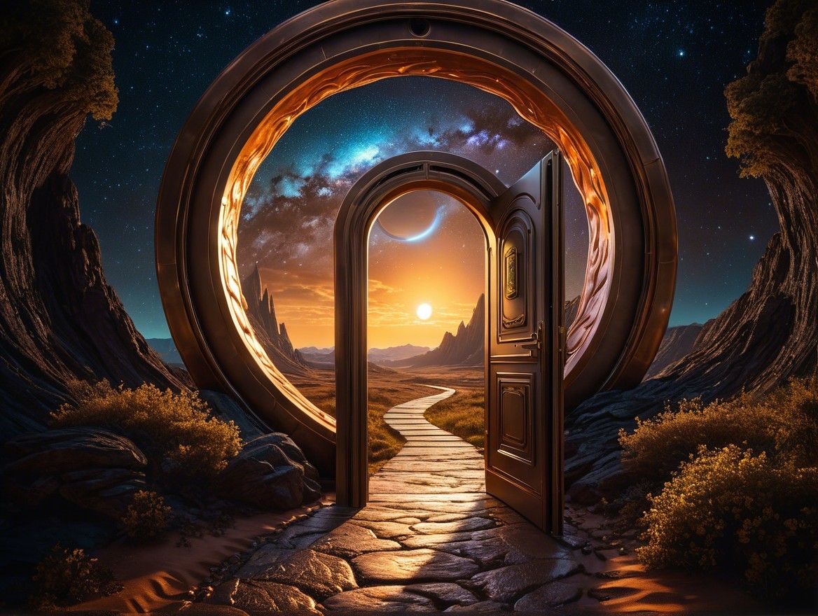 Mystical Doorway in Serene Landscape with Sunset
