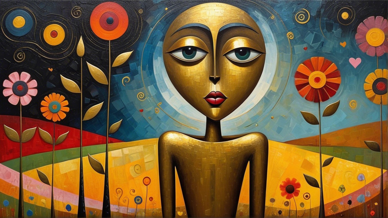 Stylized Figure with Vibrant Background and Flowers