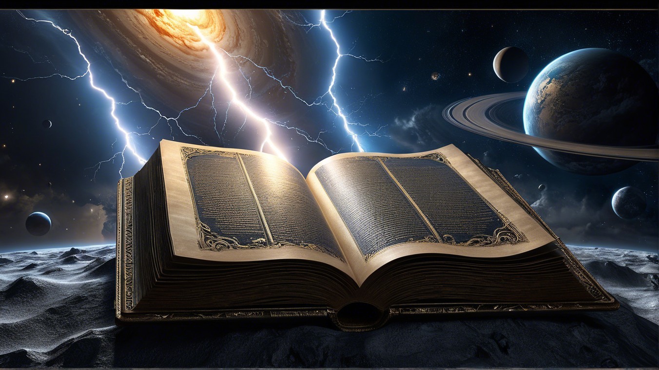 Ornate Book on Lunar Surface with Cosmic Background