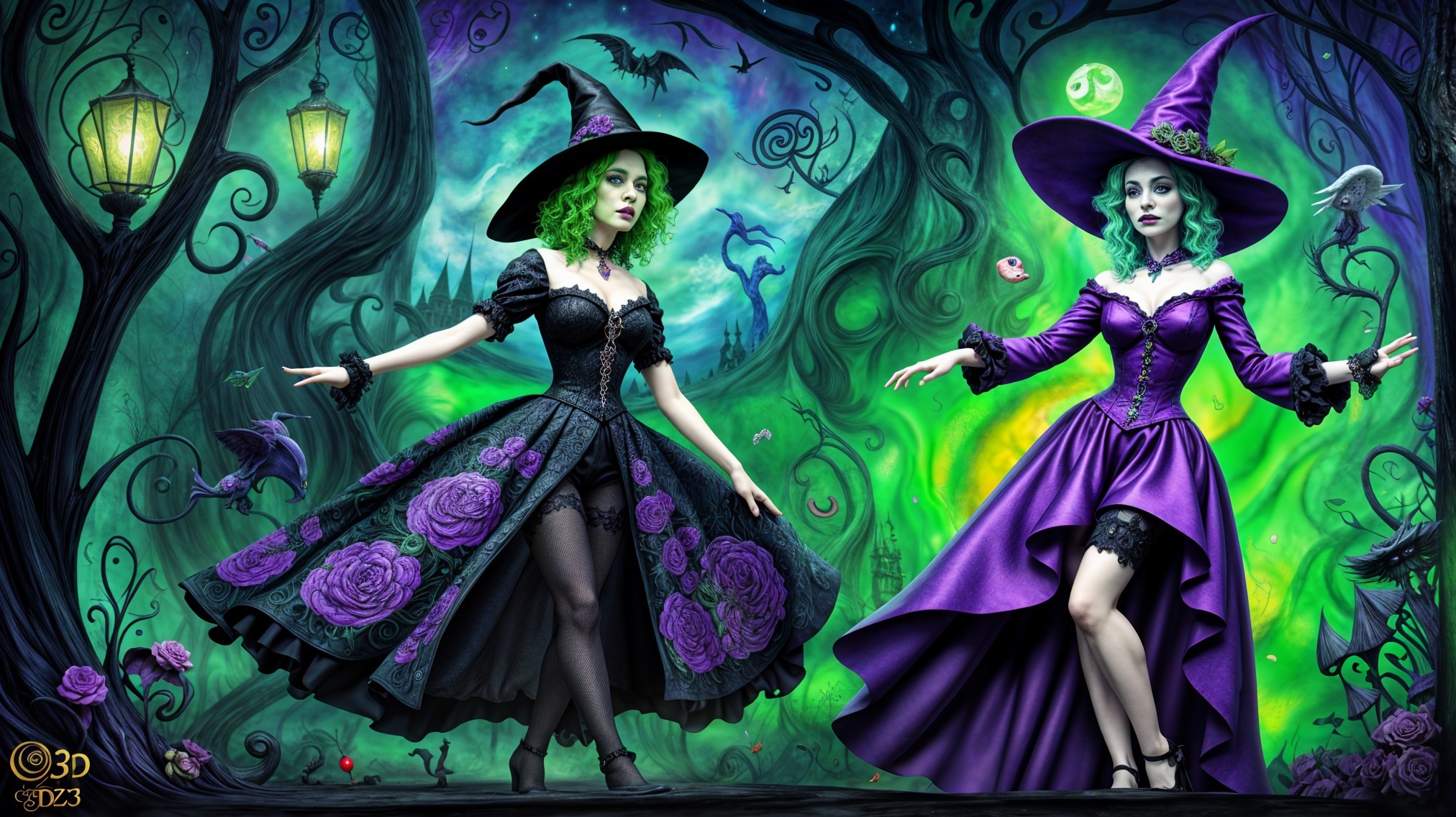 Elegant Witches in a Mystical Forest Setting