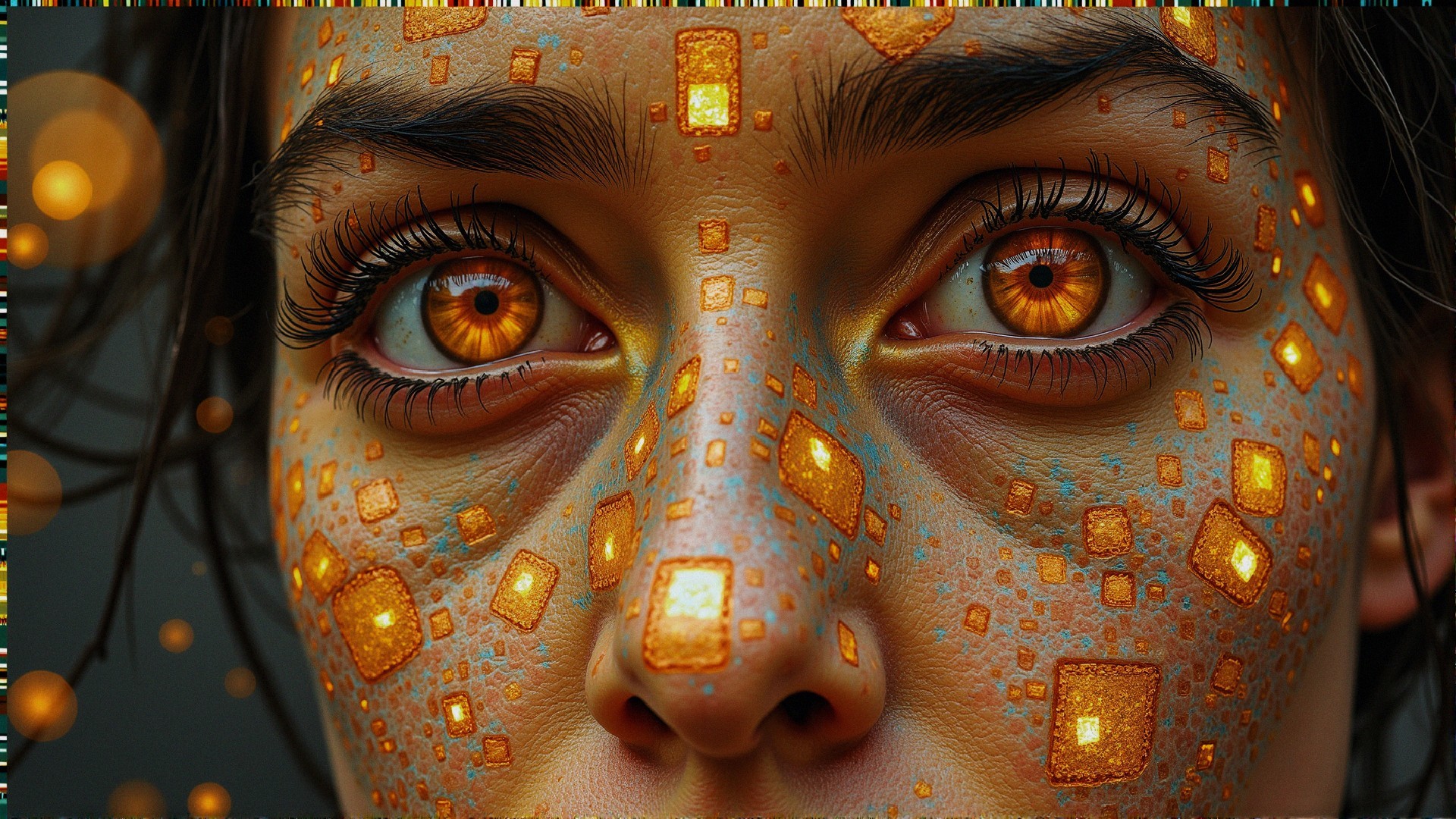 Close-Up of Unique Visage with Amber Eyes and Patterns