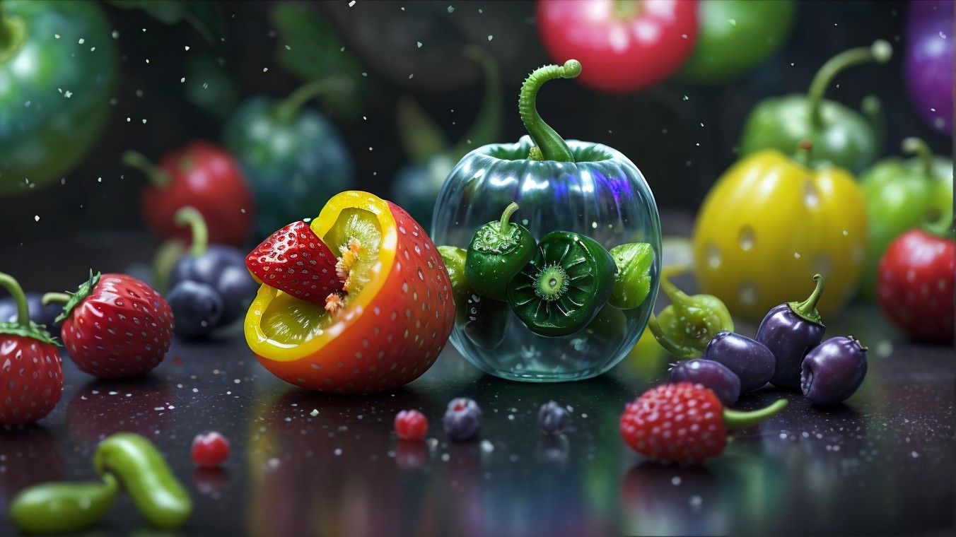 Surreal Arrangement of Fruits and Vegetables in Soft Light