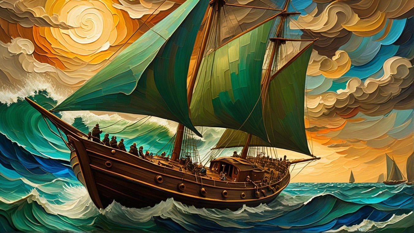 Vibrant Sailing Ship with Green Sails in Turbulent Sea