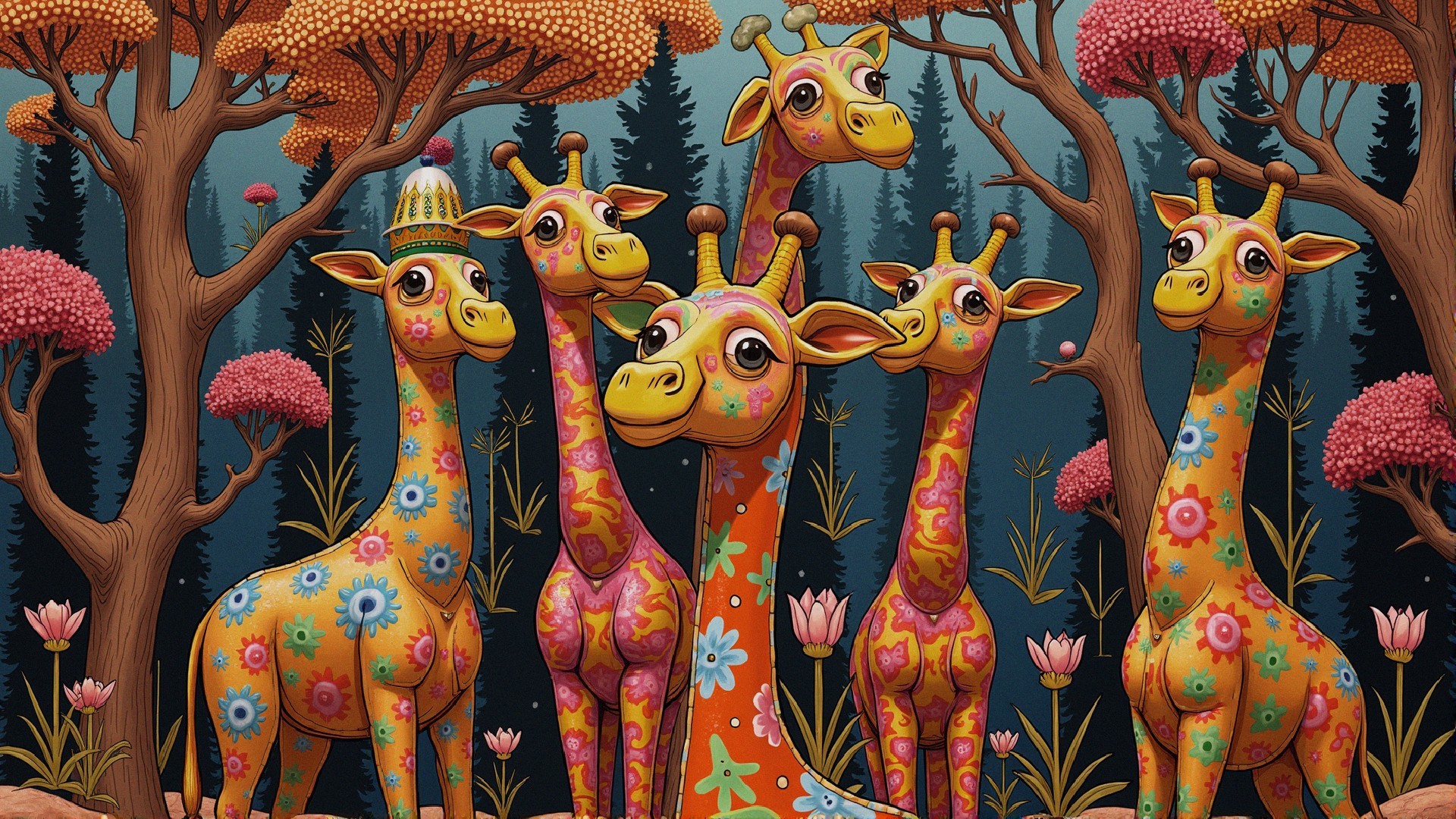 Colorful Giraffes in a Whimsical Twilight Scene