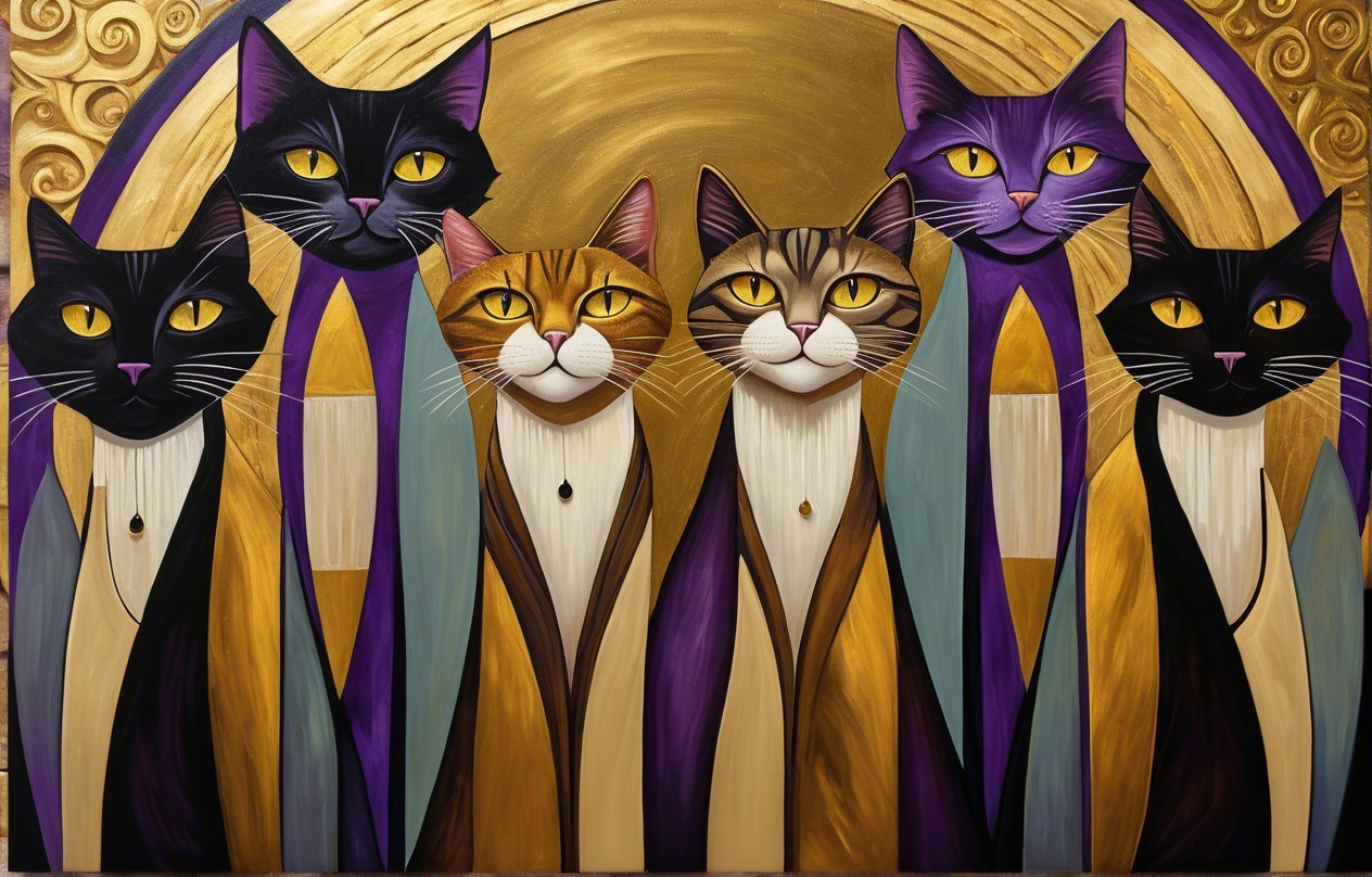 Colorful Artwork of Six Stylized Cats in Robes