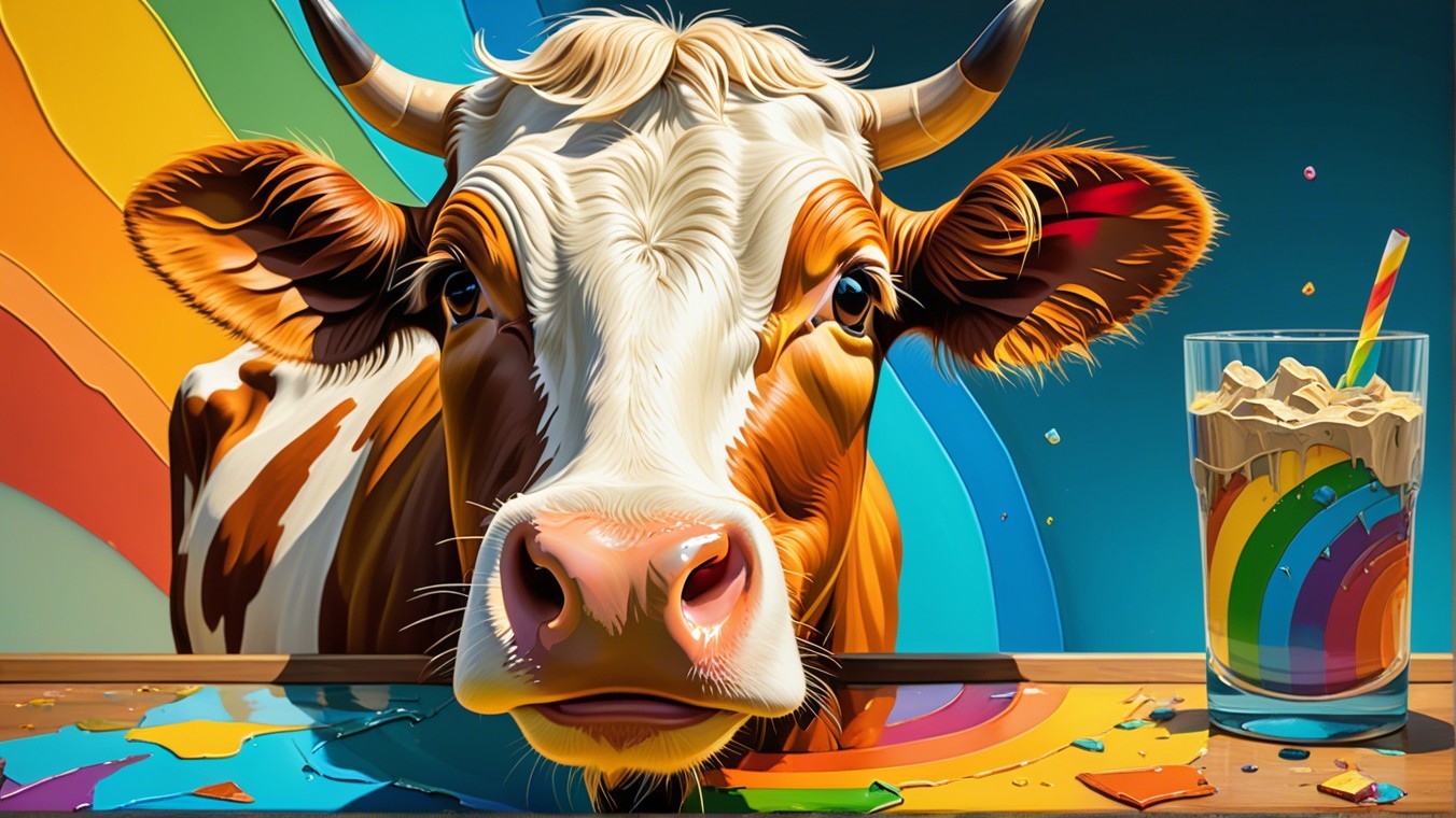 Colorful Illustration of Cow and Creamy Drink