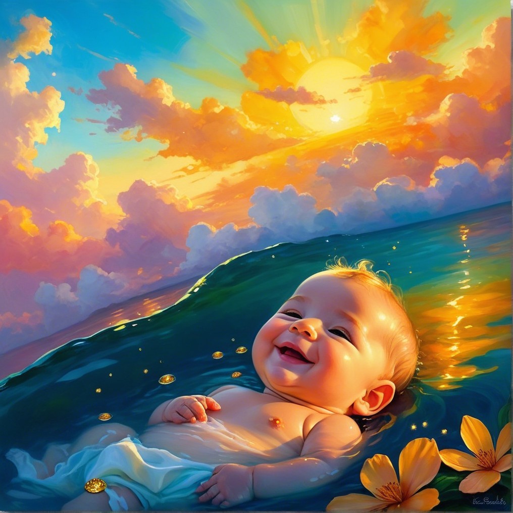Joyful Baby Floating on Sunset Waves with Petals