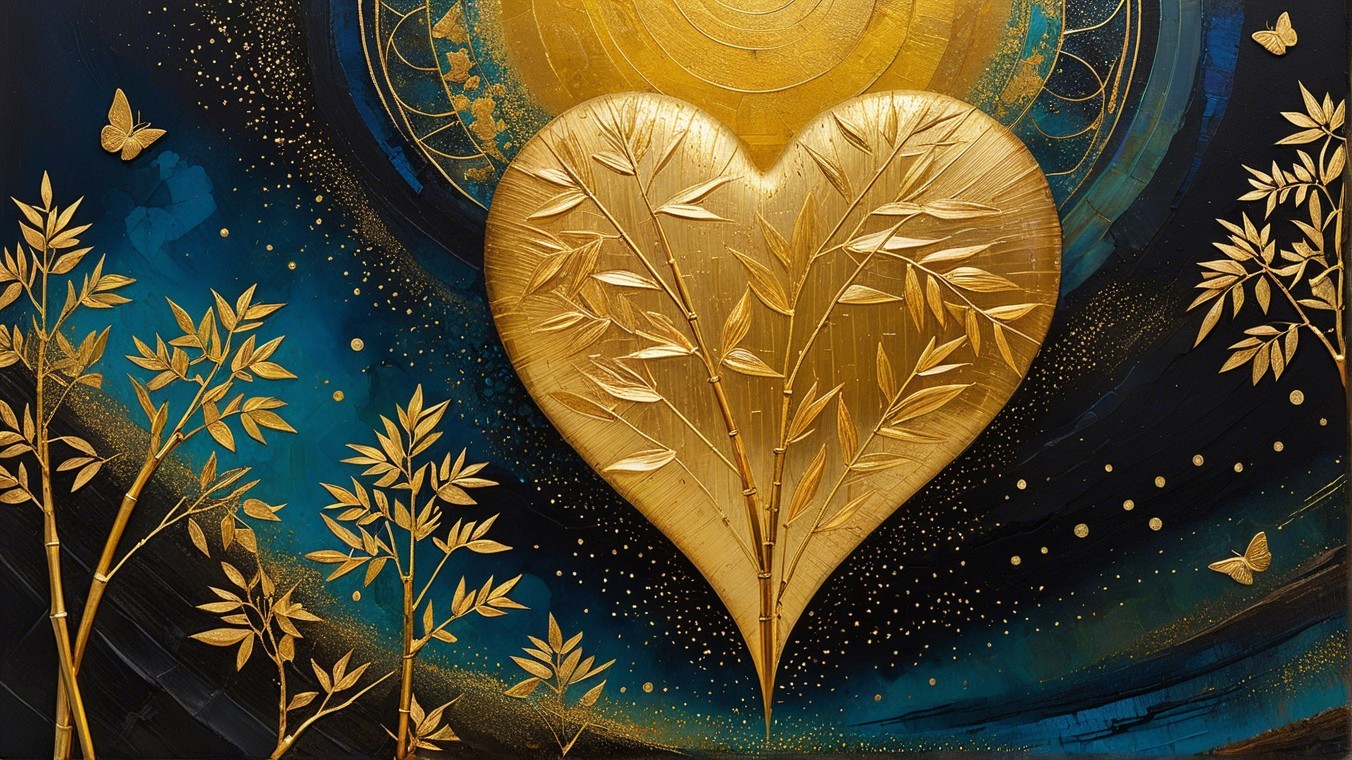 Heart Shape with Bamboo Motifs on Blue Background