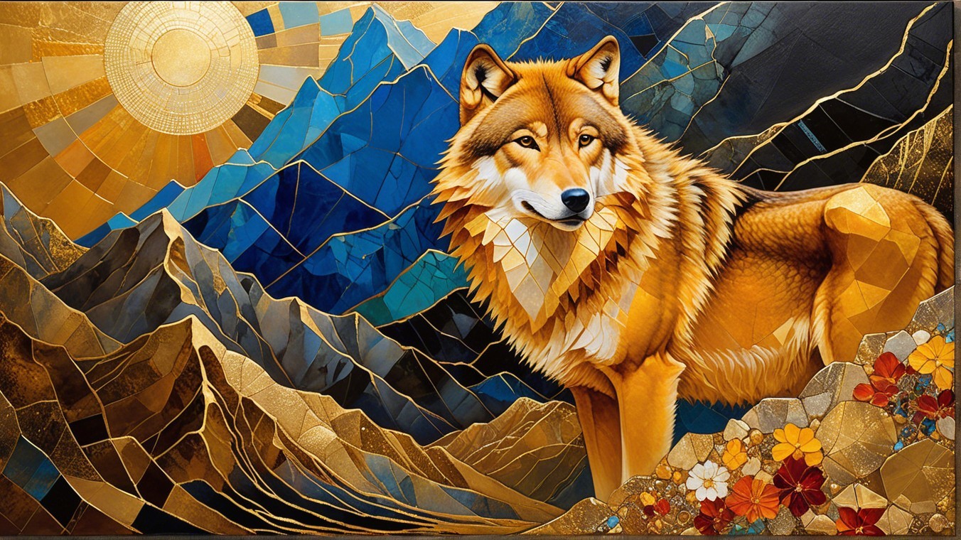 Majestic Wolf Illustration with Colorful Mountain Scene