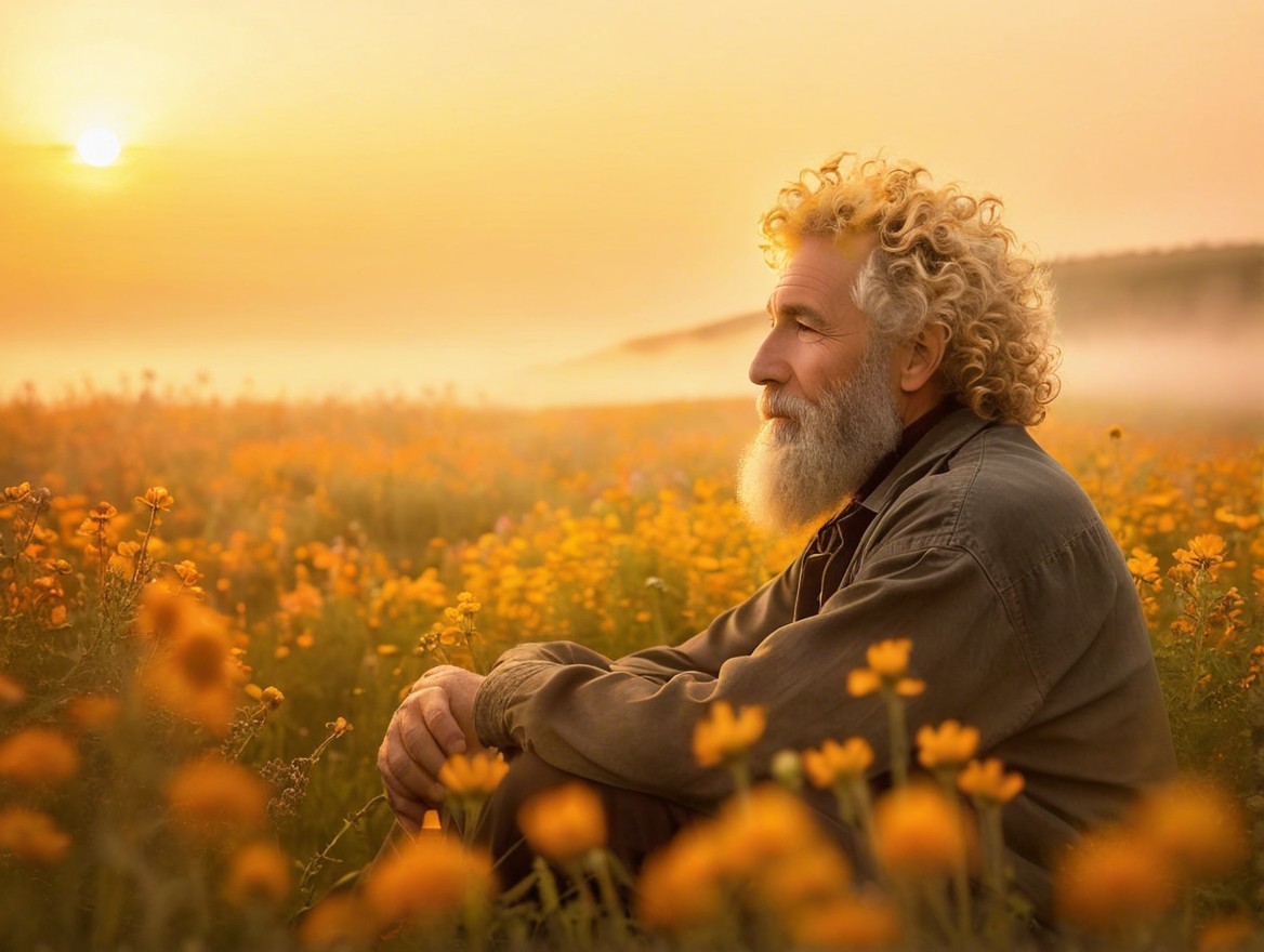 Older Man in Vibrant Field of Yellow Flowers at Sunrise