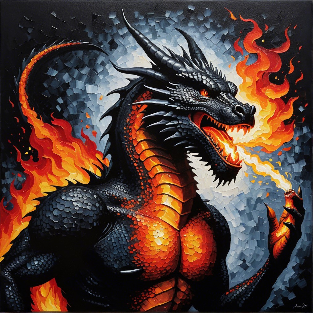 Fierce dragon with black scales and fiery backdrop