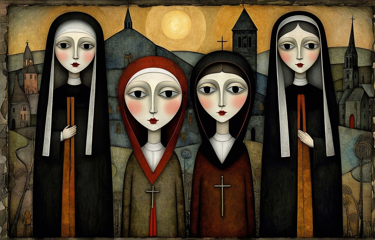 Four Stylized Women in Colorful Habits in Landscape