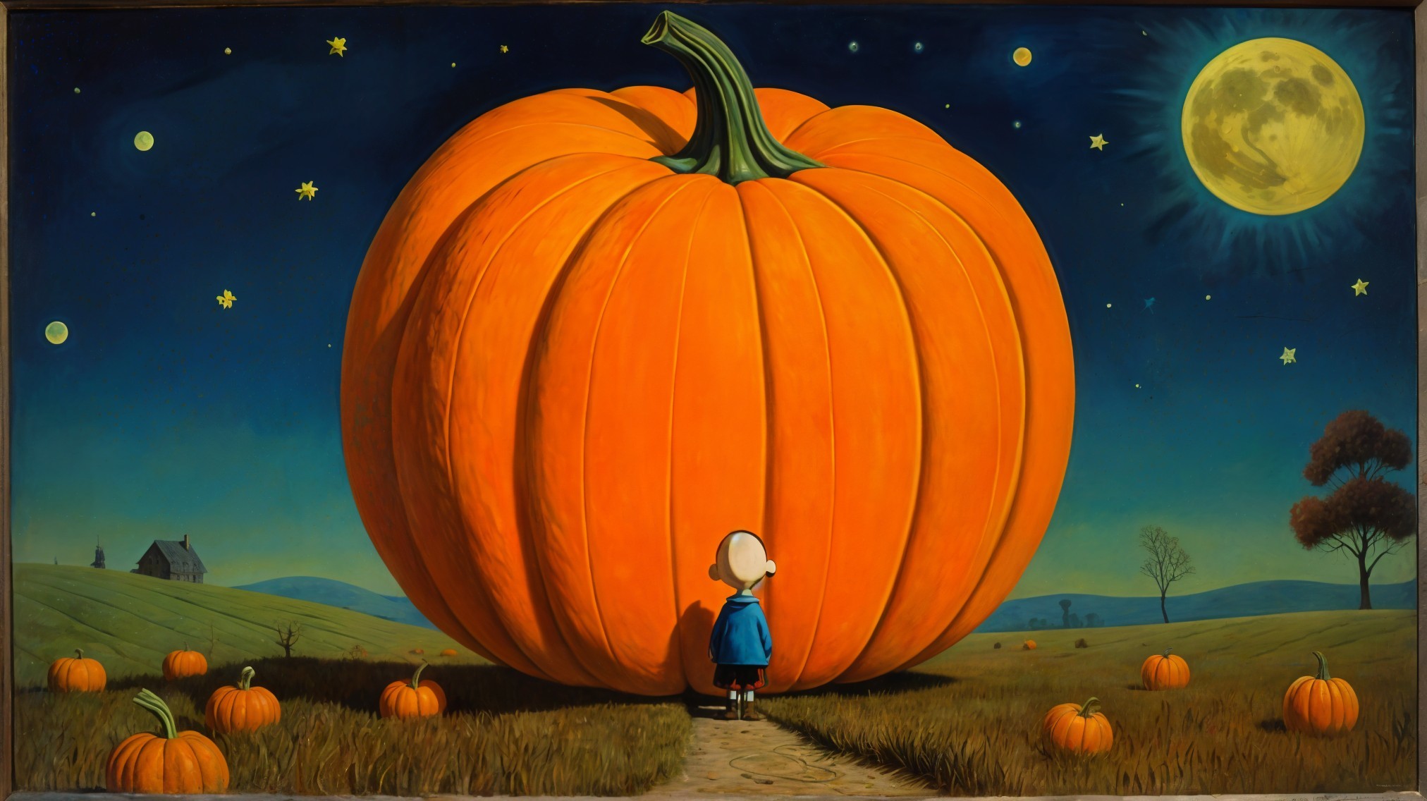 Whimsical Pumpkin Scene Under a Starlit Sky