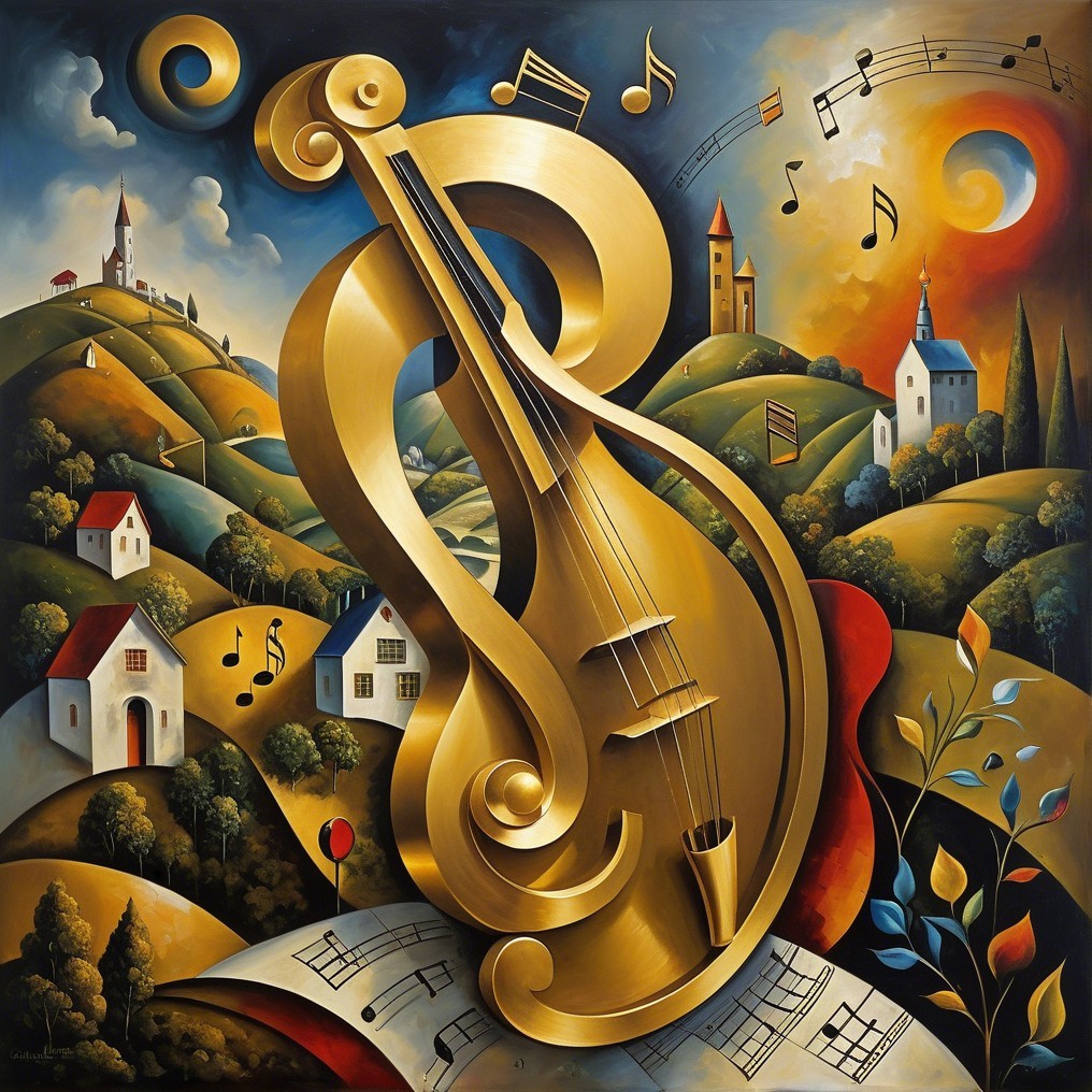 Vibrant Abstract Landscape with Golden Violin Focus