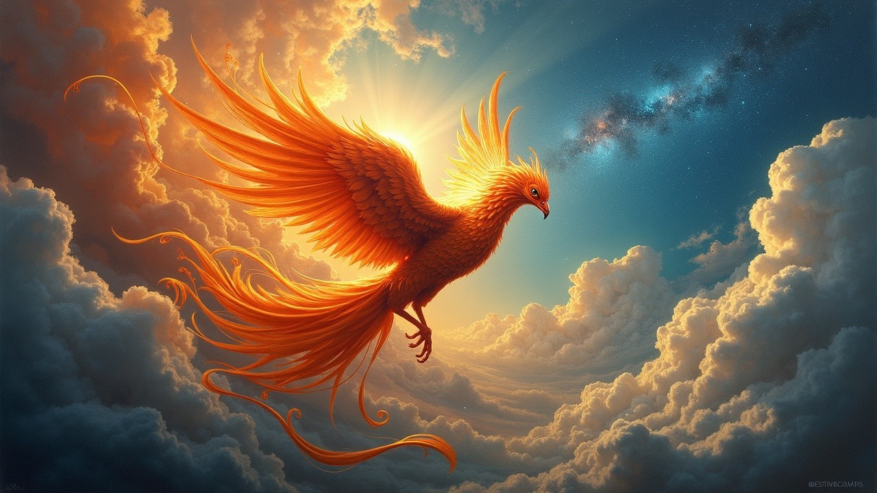 Majestic phoenix soaring in a vibrant sky scene