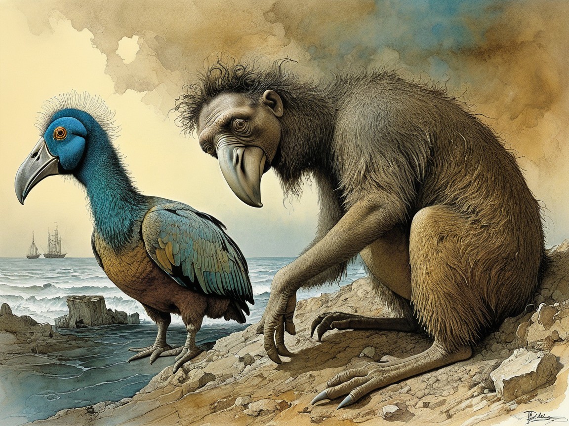 Whimsical Coastal Scene with Colorful Bird and Creature