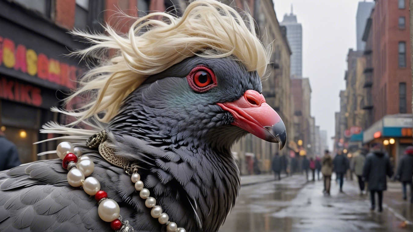 Pigeon with Blonde Wig and Necklace in City Scene