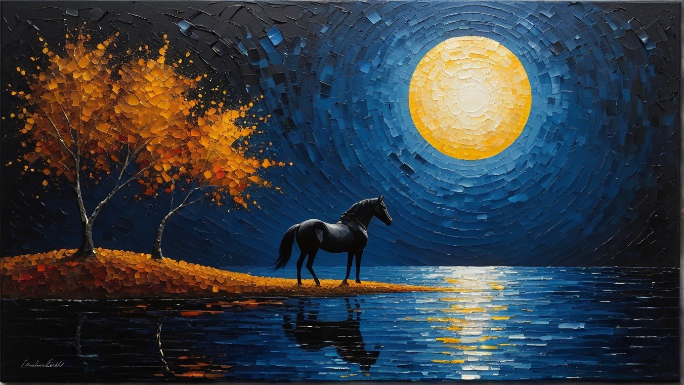 Black Horse by Serene Lake Under Full Moon