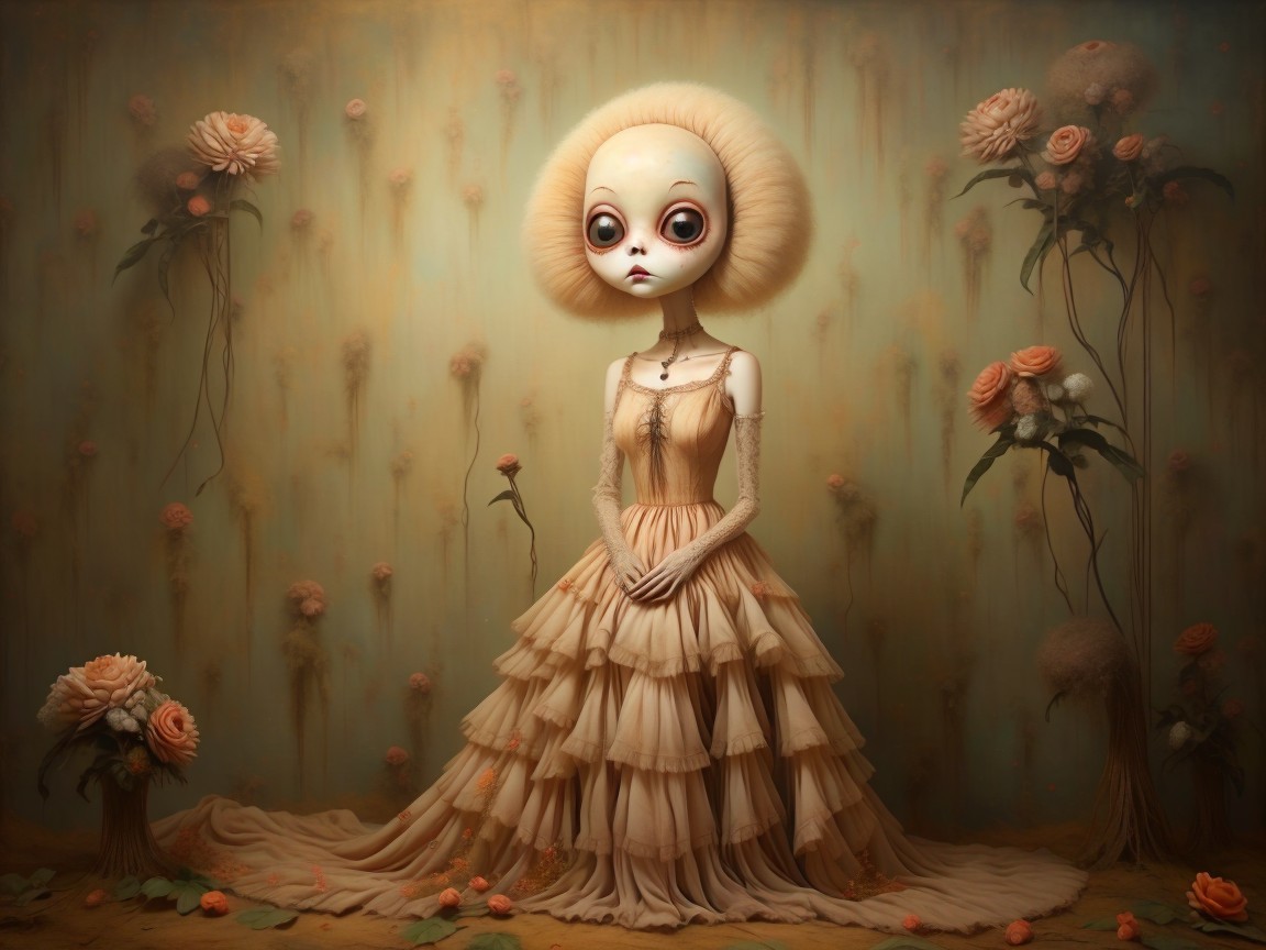 Whimsical Doll Character in Elegant Beige Gown