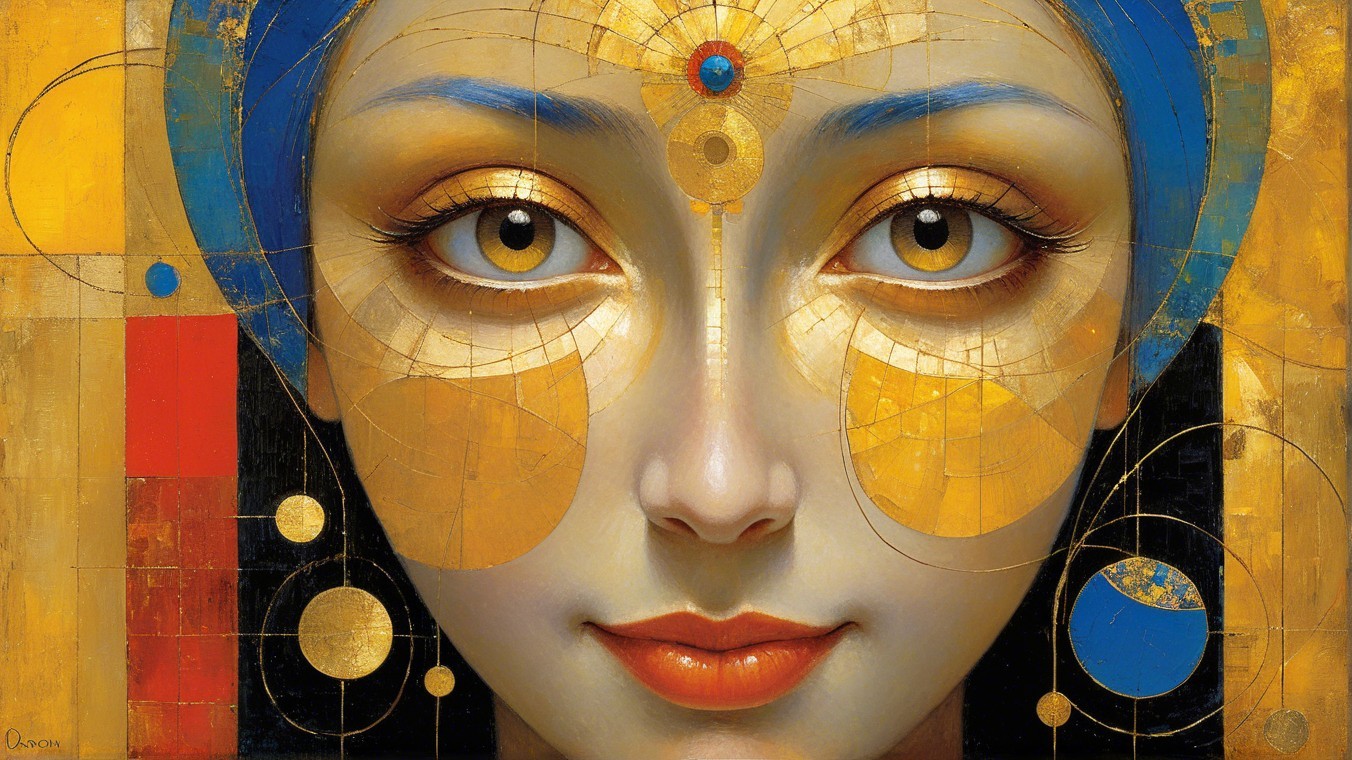 Portrait of a woman with expressive eyes and golden accents