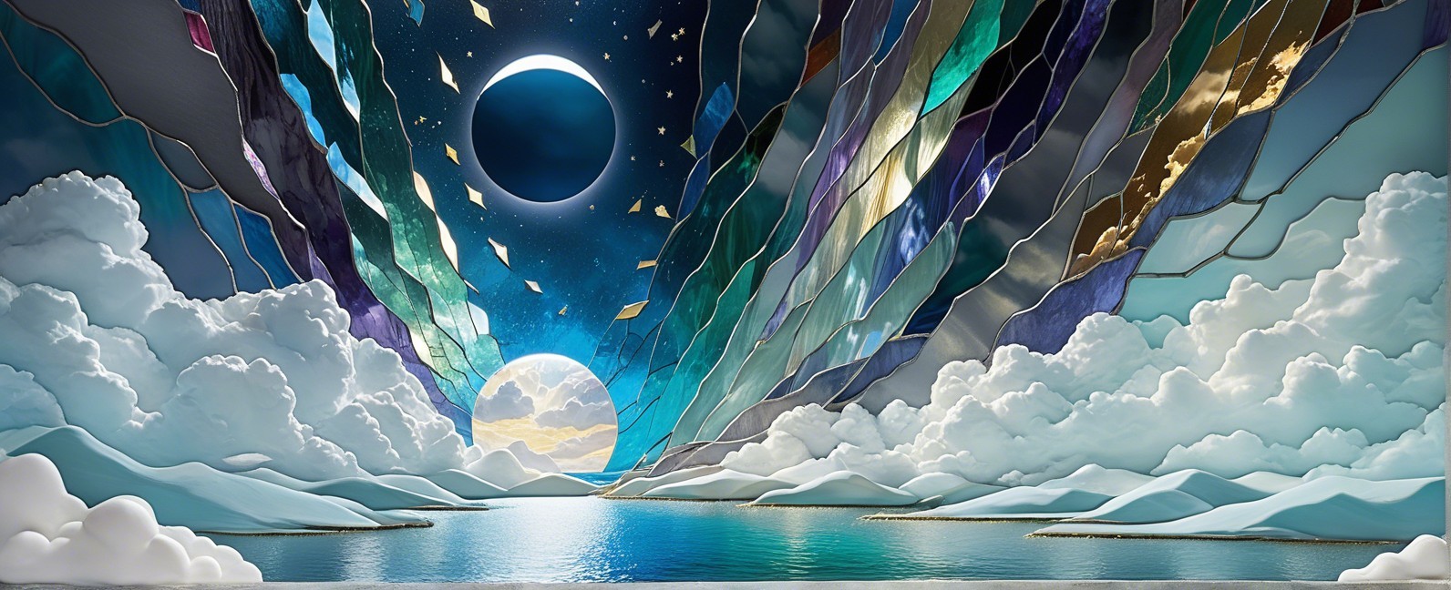Surreal Landscape with Tranquil Lake and Cosmic Sky