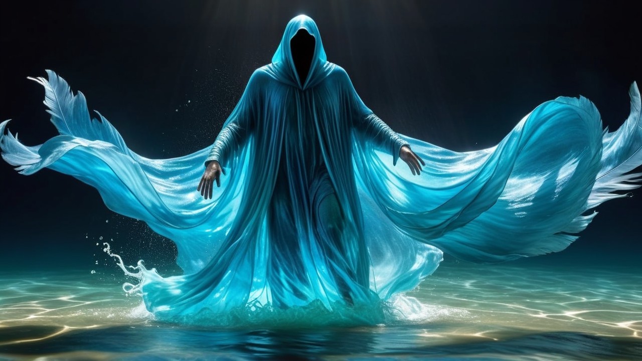 Mysterious figure in tranquil water with flowing robes