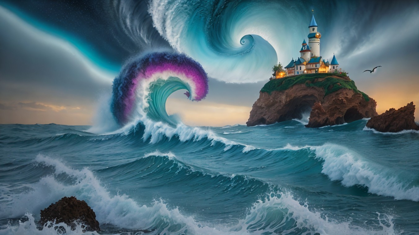 Surreal Seascape with Towering Wave and Lighthouse