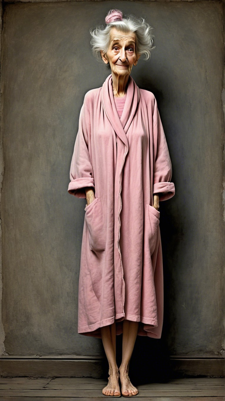 Elderly Woman in Pink Bathrobe with Confident Smile