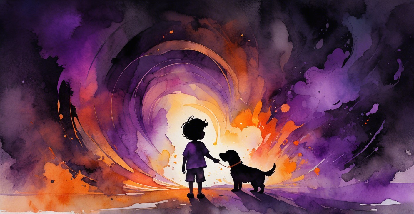 Child and dog silhouette in vibrant cosmic landscape