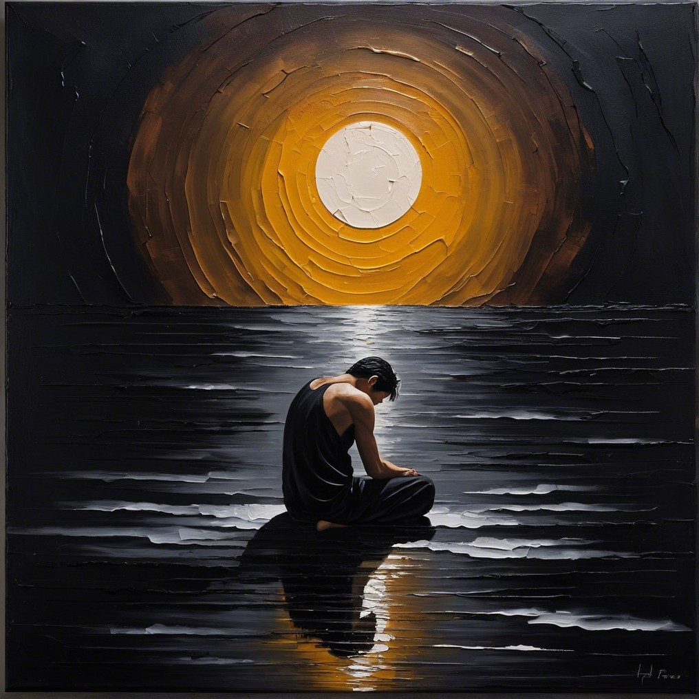 Lone Figure on Shore with Vibrant Sunset Reflections