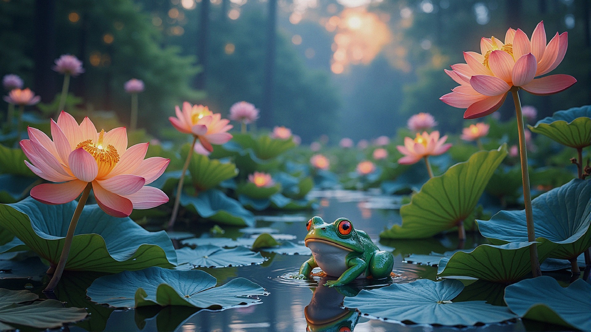 Serene Pond with Pink Lotus Flowers and Frog