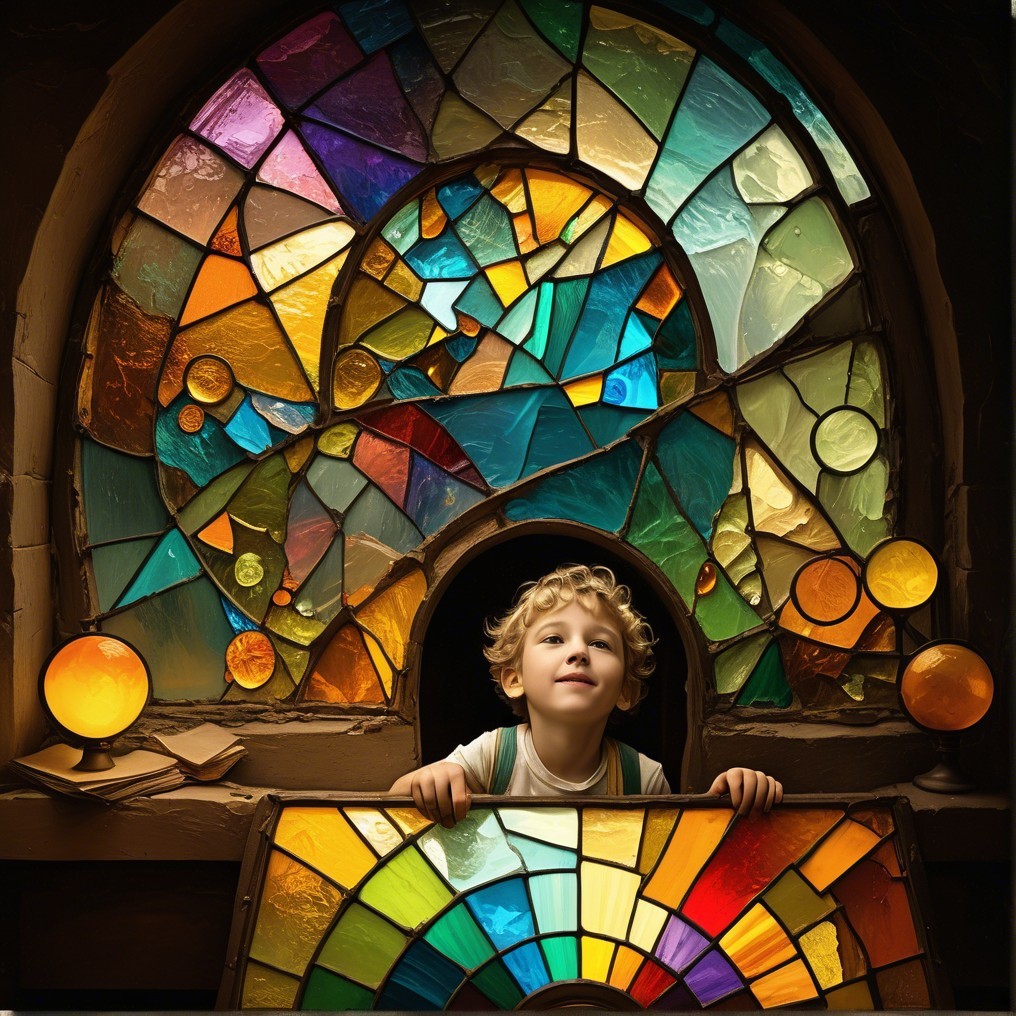 Child gazing through vibrant stained glass window