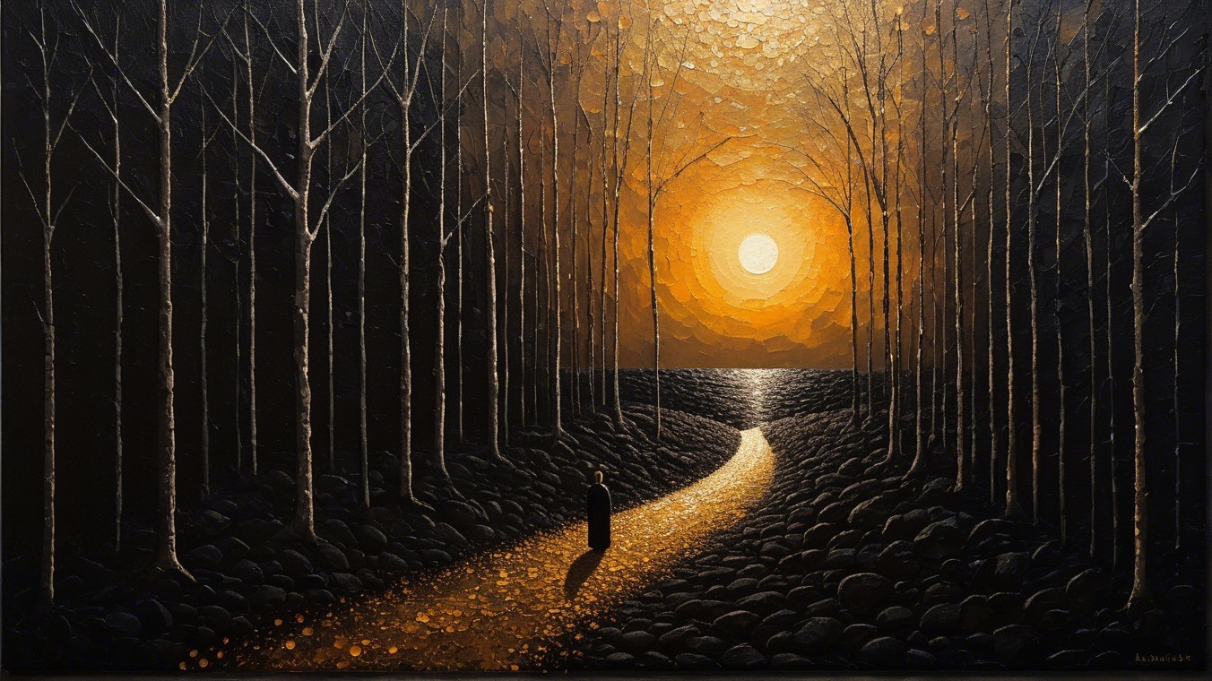 Winding Path Through a Serene Sunset Forest Scene
