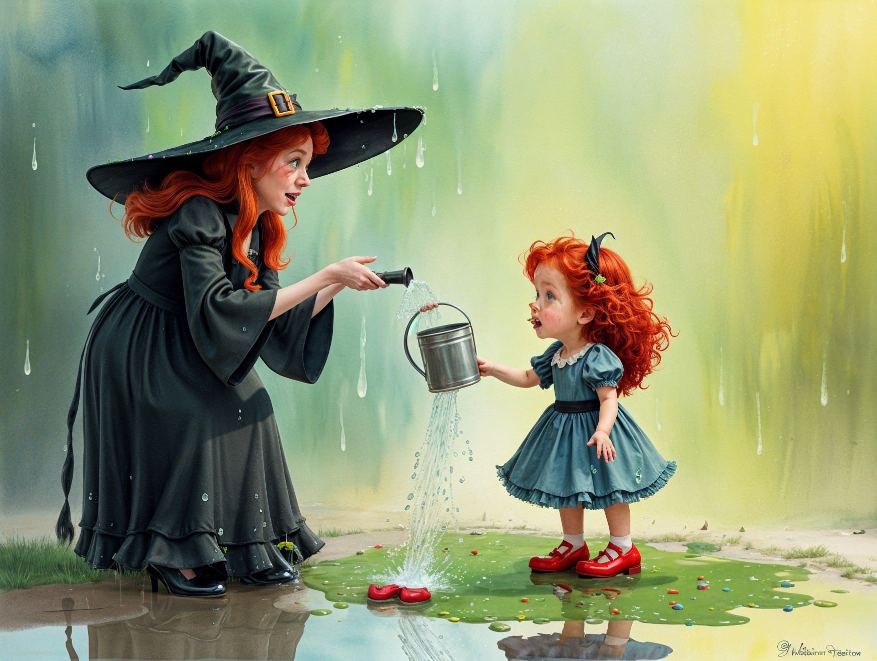 Witch in Black Hat Waters Puddle in Enchanted Forest
