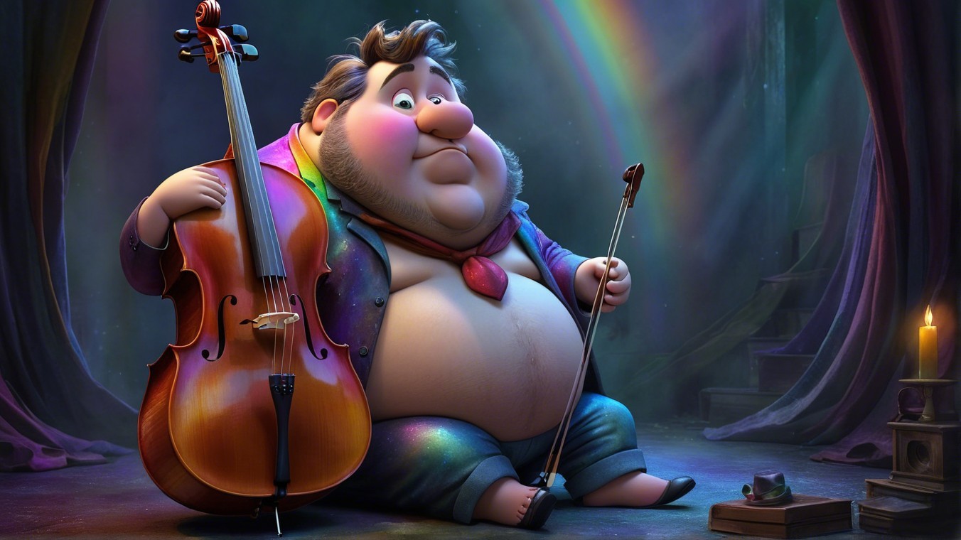Cartoon Character Playing Cello in Colorful Setting