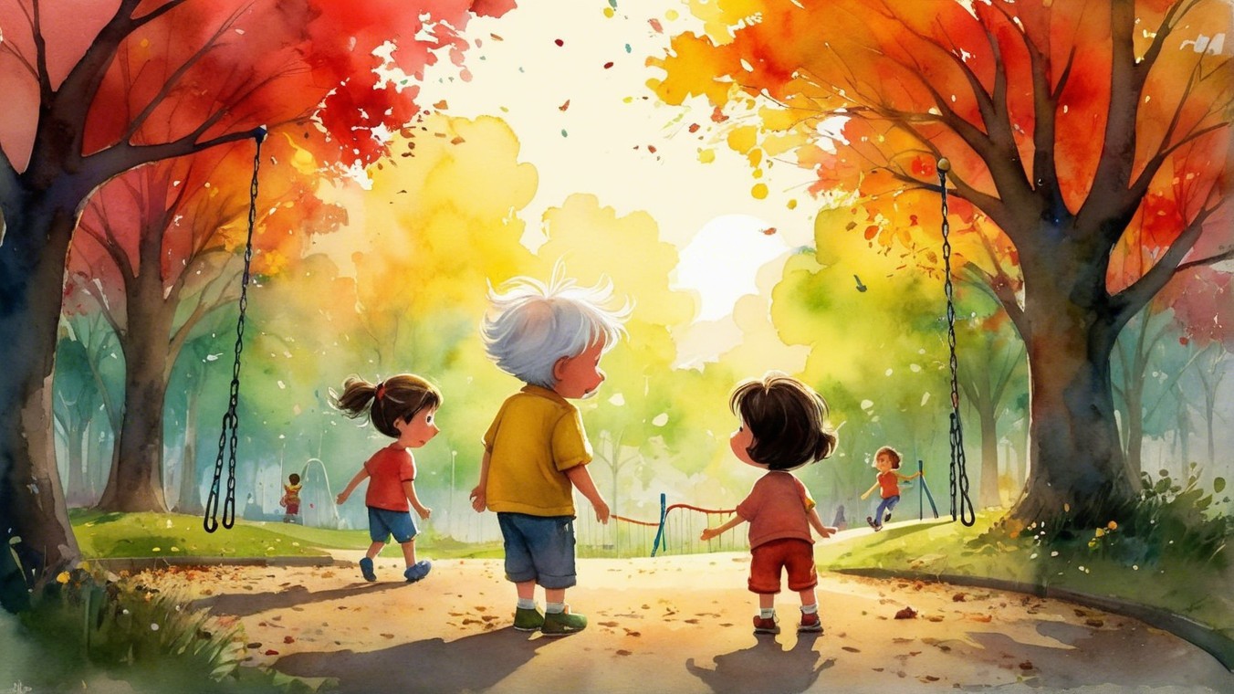 Children Walking in Autumn Park at Sunset