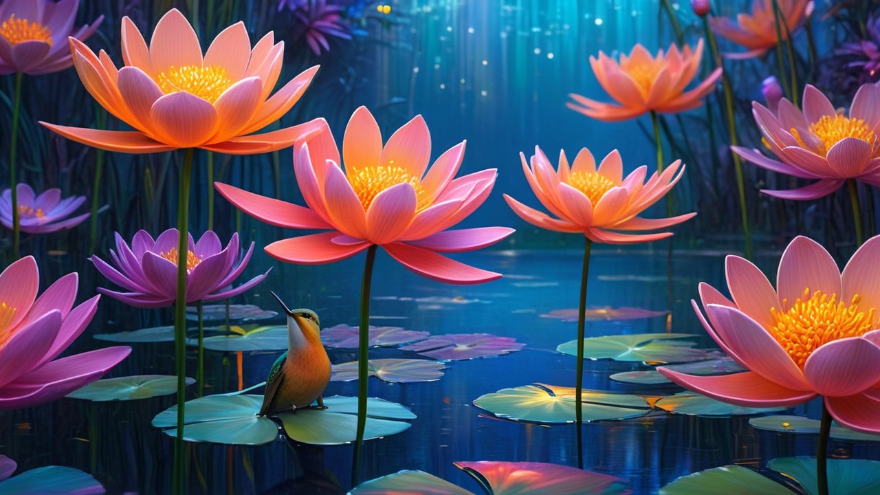Vibrant Lotus Flowers in a Serene Water Garden