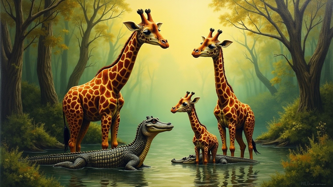 Giraffes by a Riverbank in a Lush Forest Setting