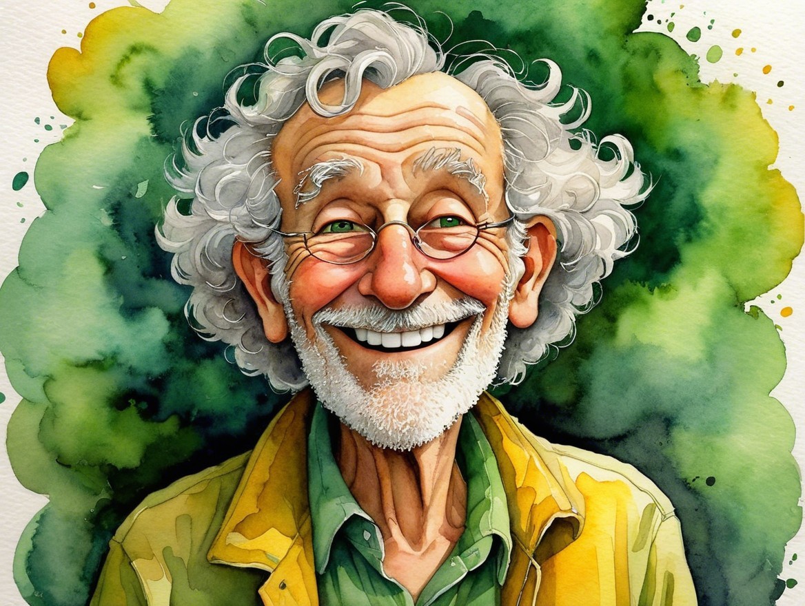 Cheerful elderly man in colorful attire against green背景