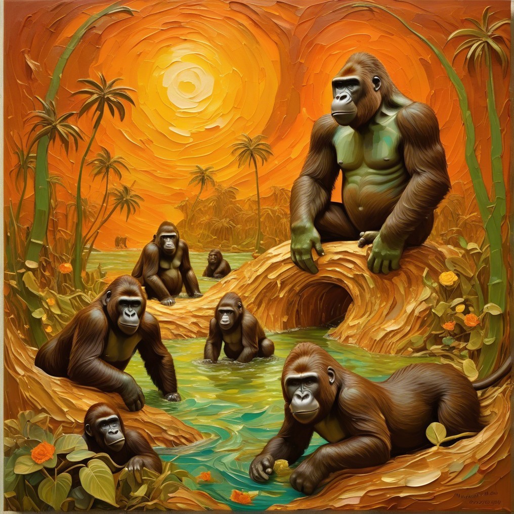 Serene Jungle Scene with Gorillas by a Stream