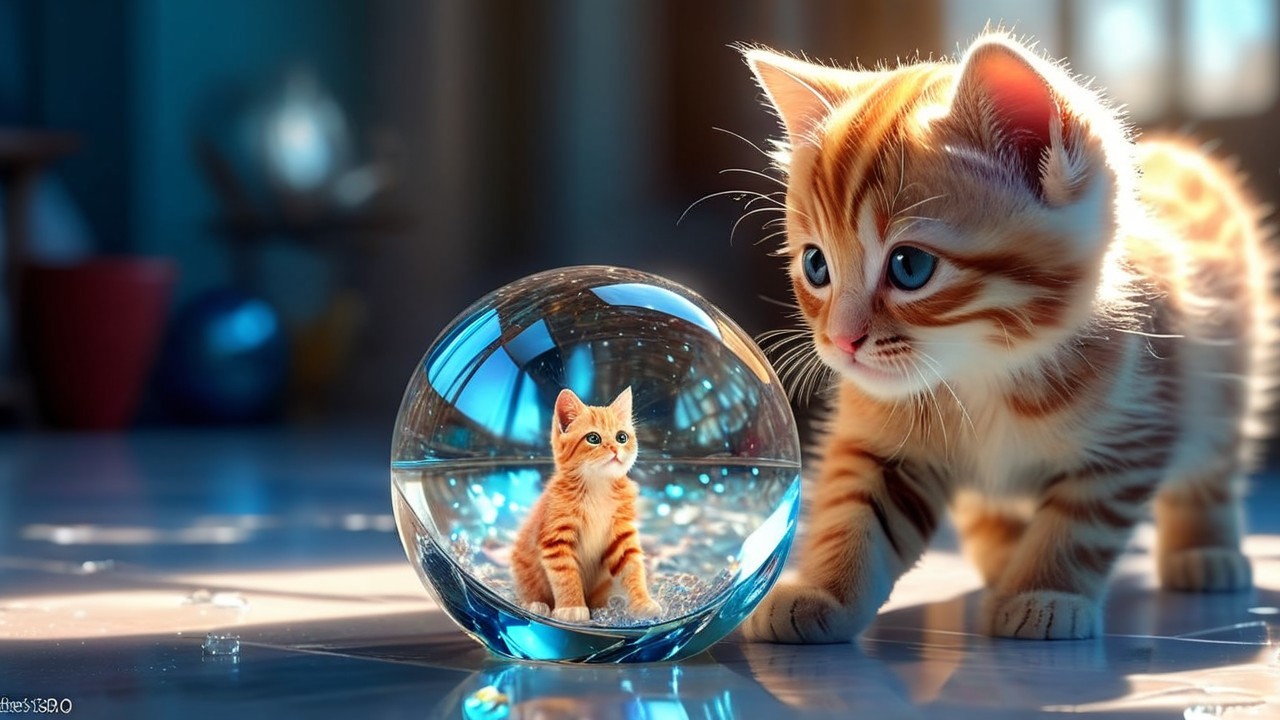 Orange Tabby Kitten and Crystal Ball Reflection
