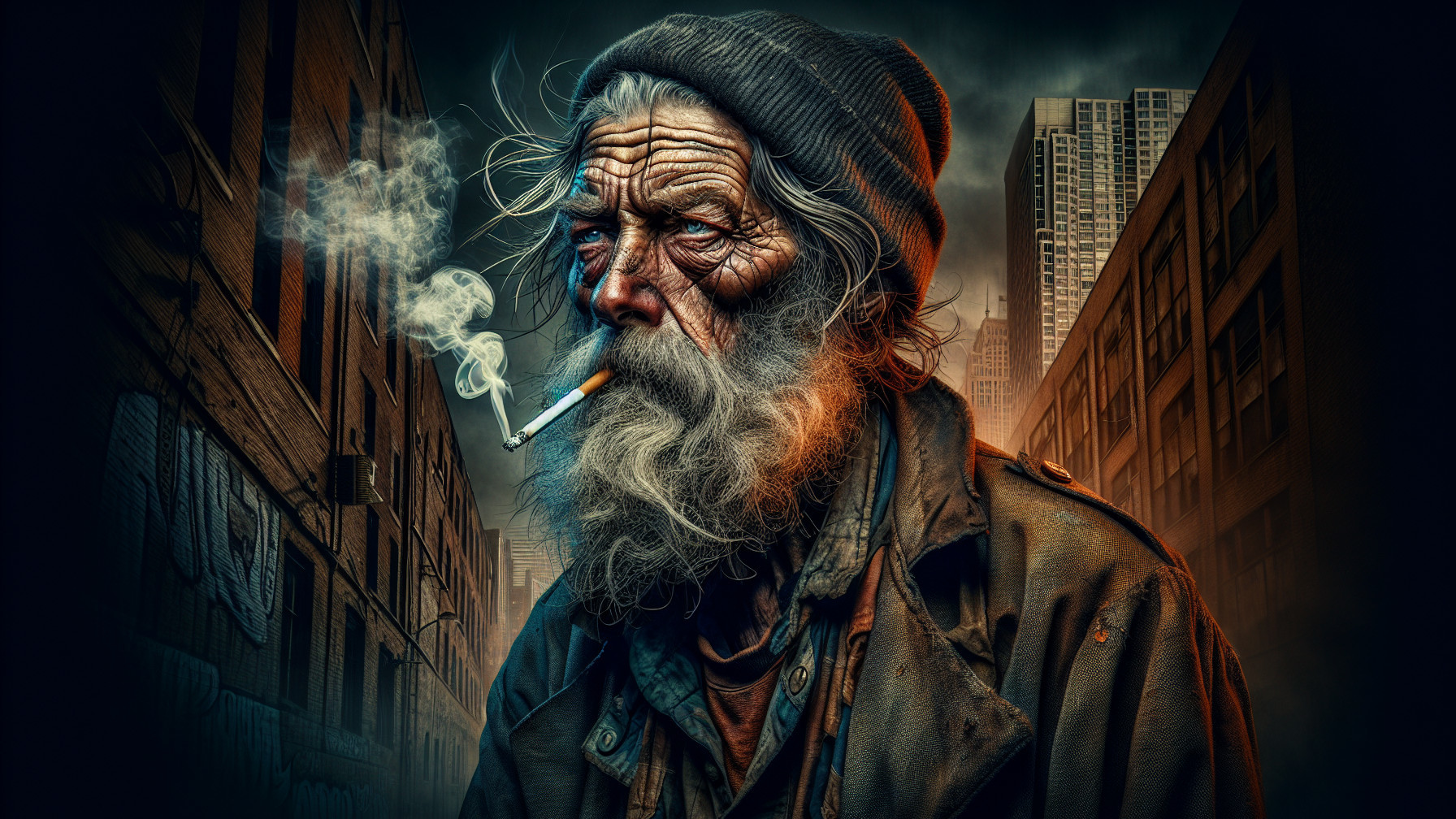 Weathered Man in Gritty Urban Setting with Cigarette