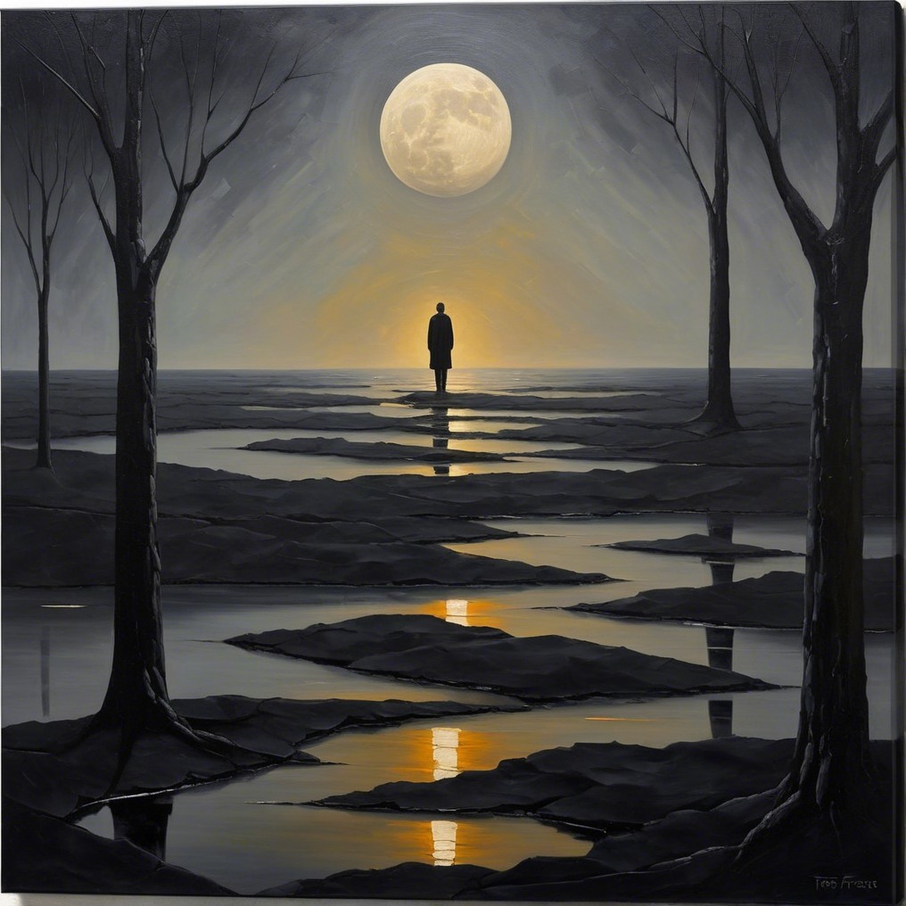 Solitary Figure in Serene Landscape with Moonlight