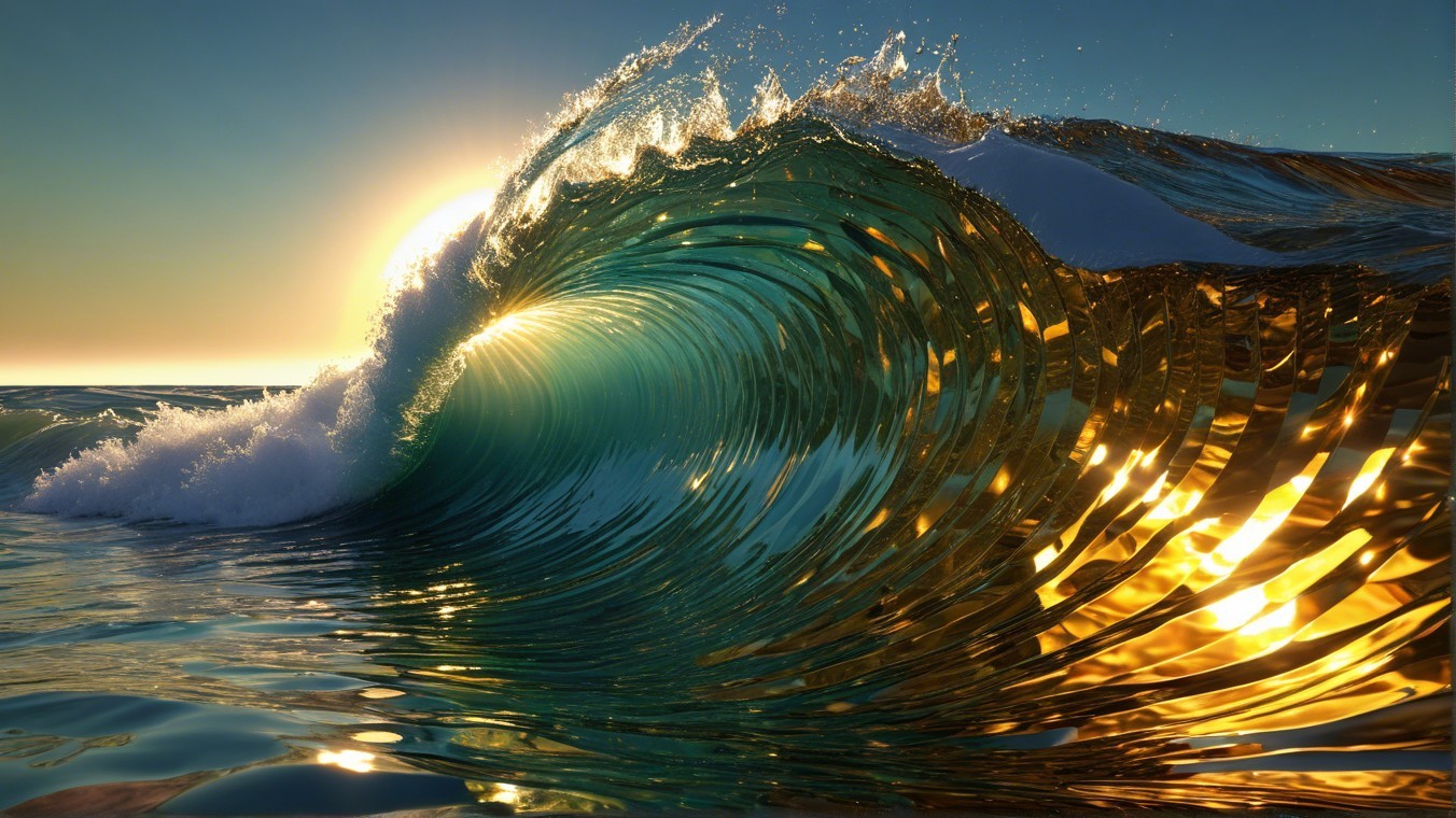Golden Sunset Wave with Turquoise Reflections