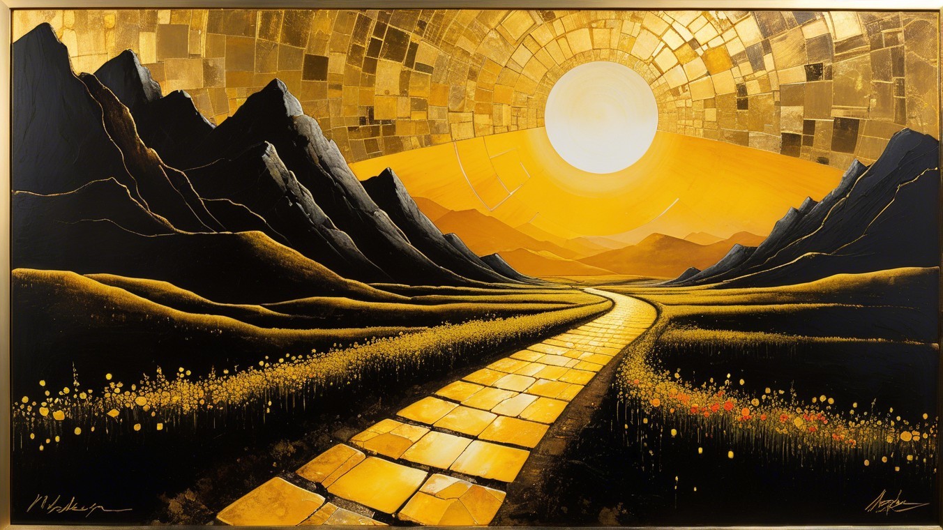 Landscape Painting with Golden Pathway and Sun