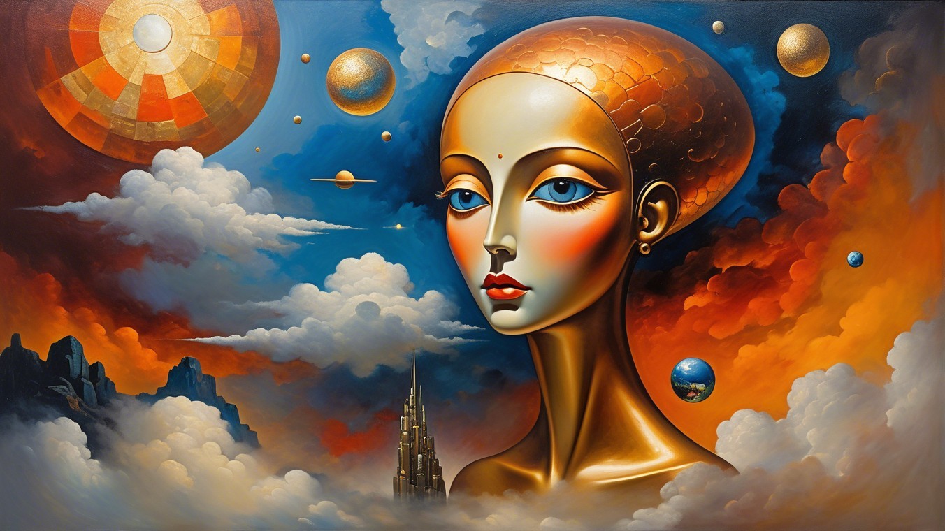Surreal Painting of Female Figure in Cosmic Setting