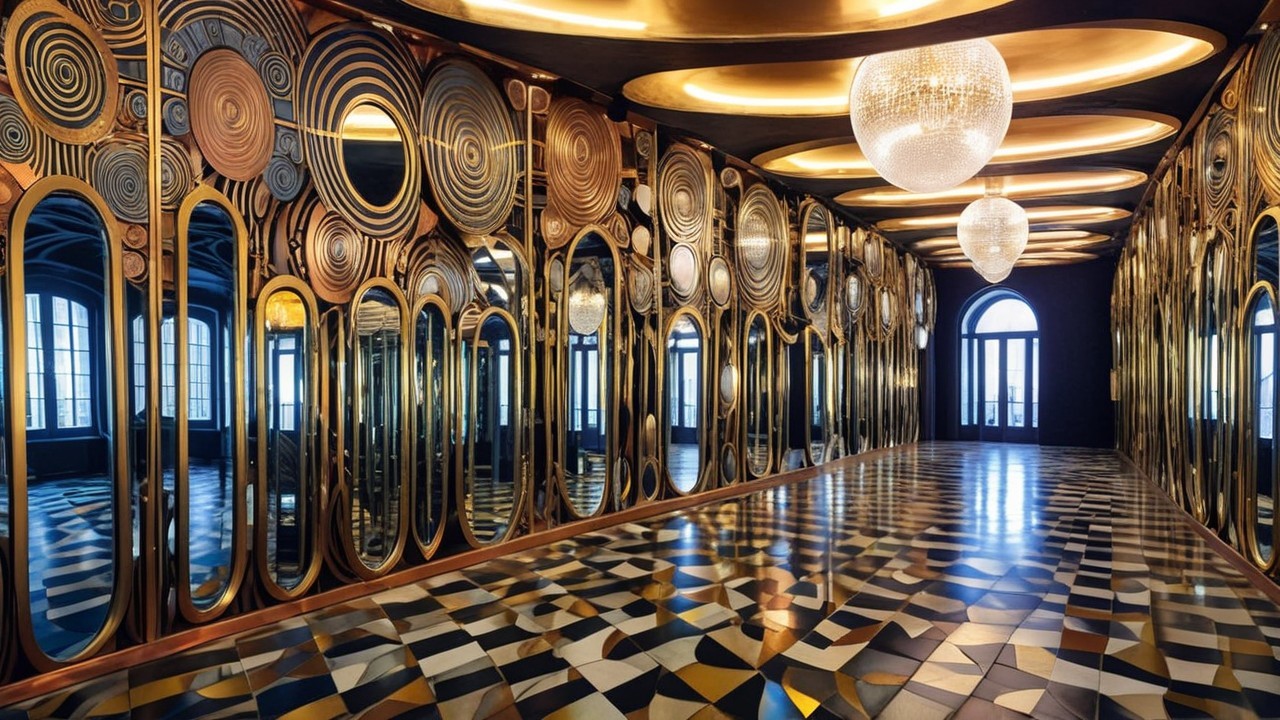 Elegant interior with gold accents and ornate chandeliers