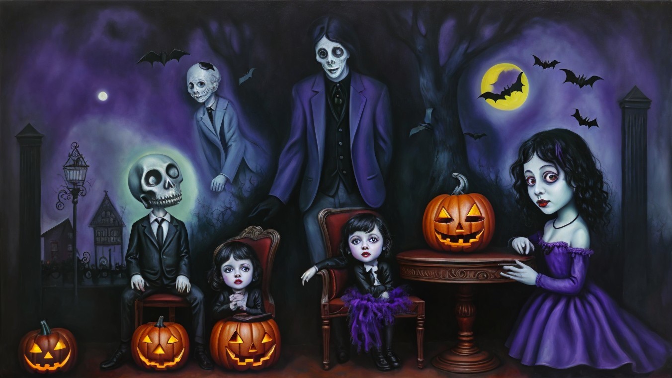 Halloween Scene with Skeletal Figures and Pumpkins