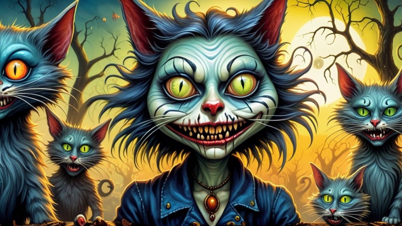 Whimsical Illustration of Cat-Faced Characters in Spooky Setting
