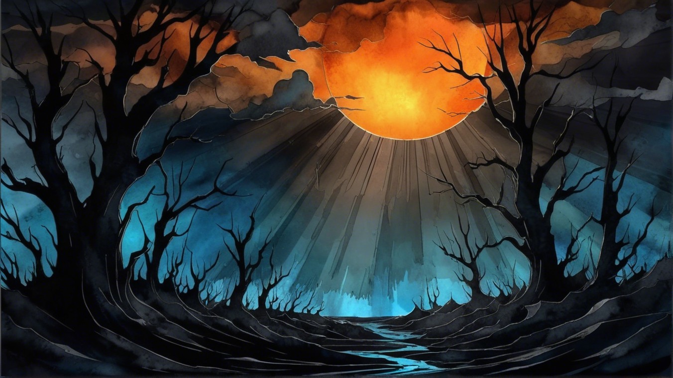 Surreal Landscape with Sunset Over Shadowy Forest